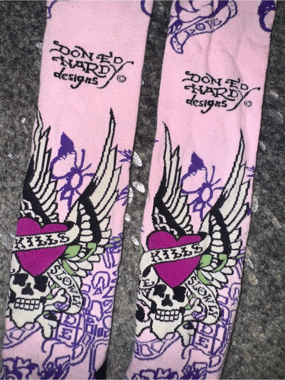 💀 Ed Hardy Pink Winged Skull Graphic Tall Socks